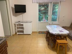 a kitchen with a table and a television in a room at Łabudówka in Polańczyk