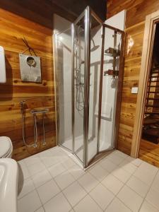 a glass shower in a bathroom with wooden walls at Rifugio Escursionistico Vernin in Fenils +75 photos