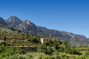 a mountain farm with mountains in the background at Can Mayol in Fornalutx
