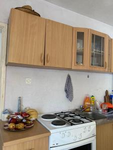 a kitchen with a stove and a plate of food at Drinska oaza in Zvornik