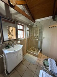 a bathroom with a sink and a shower at Zwartmodder Clarens in Clarens +55 photos