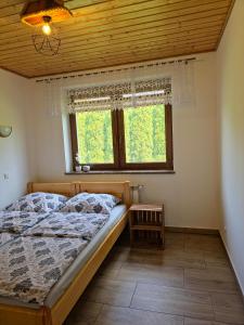 a bedroom with a bed and a window at Leśny Dwór Bieszczady in Ustrzyki Dolne +37 photos