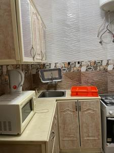 a kitchen with a microwave and a sink at Adheeiz beach in Salalah