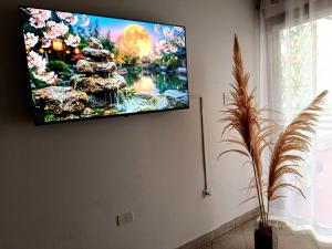 a flat screen tv hanging on a wall at Cuba Linda Capsule Stay in Asunción