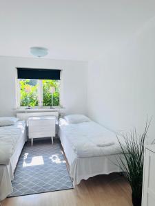 a white room with two beds and a window at Systrarna på Kivik in Kivik +15 photos