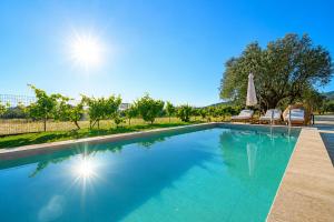 a swimming pool with two chairs and a umbrella at Vasiliki Petri Olive House in Petra