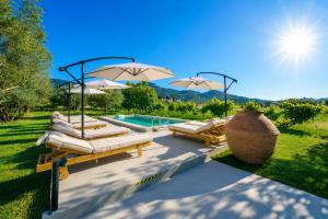 a backyard with a pool with umbrellas and lounge chairs at Vasiliki Petri Olive House in Petra