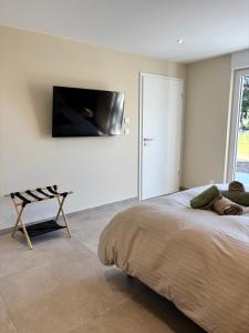 a bedroom with a bed and a tv on the wall at La Loge des Deux Sapins in Oberbetschdorf