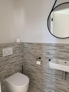 a bathroom with a white toilet and a mirror at Ten Zilte in Blankenberge +18 photos