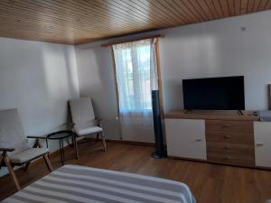 a bedroom with a bed and a tv and chairs at 1 Zimmer Unterkunft in Spiez