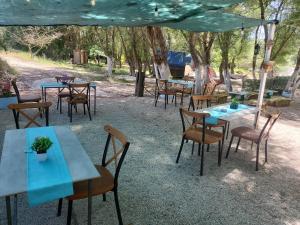 a group of tables and chairs under an umbrella at Micro Africa Camping Site in Delvinë