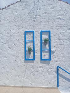 two mirrors on the side of a white wall with plants at George Rooms in Votsi