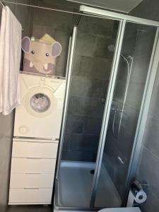 a washing machine with a teddy bear on top of it at Lake Studio in La Tour-de-Peilz