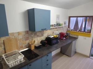a kitchen with a counter top with a microwave at Casa FaRa in Vama Veche +27 photos