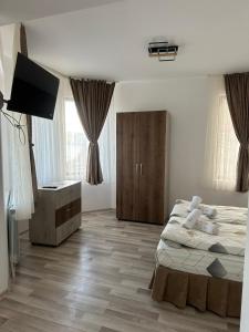 a bedroom with a bed and a flat screen tv at Вила Версай in Sarnitsa +25 photos