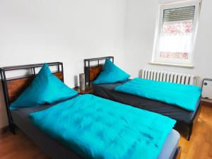 two beds in a room with blue pillows at FeWo Dresden-Hellerau in Dresden