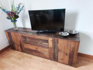 a television on a wooden stand with a vase of flowers at FeWo Dresden-Hellerau in Dresden +8 photos