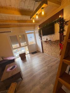 a living room with a couch and a table and a tv at Montenegro pines in Bistrica Lipovska