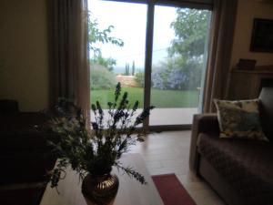 a living room with a vase of flowers on a table at ''Shinohori'' Olive-Tree Apartment in Argos