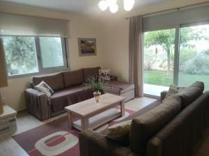 a living room with a couch and a coffee table at ''Shinohori'' Olive-Tree Apartment in Argos