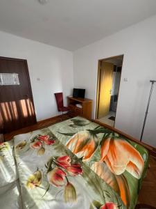 a bedroom with a bed with flowers on it at Pensiunea Edy in Statjunea Borsa +4 photos