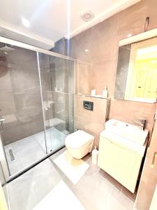 ein Badezimmer mit Dusche, Toilette und Waschbecken in der Unterkunft Bio Residence in Arnavutköy
