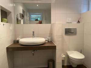 a white bathroom with a sink and a toilet at Antoinettes Ferienwohnung in Ilmenau +7 photos