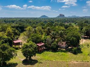 an aerial view of a resort with mountains in the background at Vercour Tree House Cabana Sigiriya in Sigiriya +9 photos