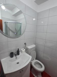 a white bathroom with a toilet and a mirror at Apartman Metković-stan na dan in Metković
