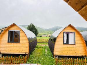 two domes in a field with mountains in the background at Aalam ordo in Shabdan