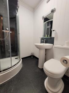 a bathroom with a shower and a toilet and a sink at The Bugle Hotel in Titchfield +18 photos