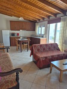 a living room with a couch and a table and a kitchen at Nektaria on the Beach in Fournoi