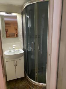 a bathroom with a glass shower and a sink at Parasolka in Odesa +55 photos