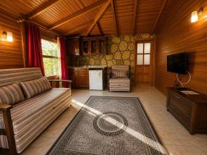 a living room with a couch and a tv at Denge Hidden Garden in İslâmlar