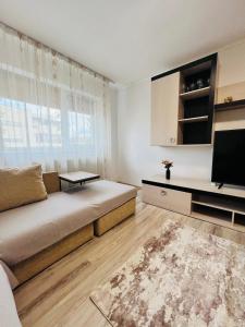 a living room with a couch and a flat screen tv at Imperium DK Apartament in Giurgiu