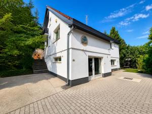 a white building with a brick driveway at Villa Retró Harmónia in Visegrád +94 photos