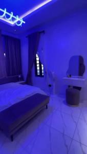 a blue bedroom with a bed and a window at Greenwich Garden in Onisigun