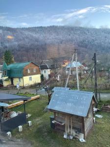 a small house with a metal roof on a field at Смарт-Квартира in Yaremche