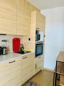 a kitchen with wooden cabinets and a sink at Fórmula 1 aeropuerto in Madrid