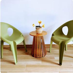 two green chairs and a table with a vase on it at Majaz Cabaña Premium Paucar in Sauce