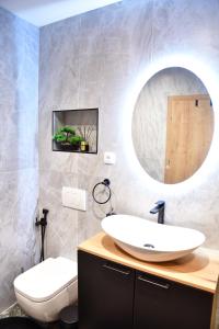 a bathroom with a white sink and a mirror at Politon Suites in Zaječar