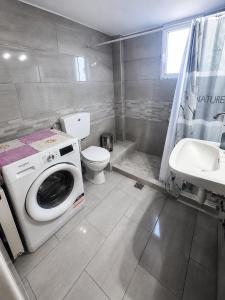 a bathroom with a washing machine and a toilet at Mani Spot Manani in Pyrgos Dirou