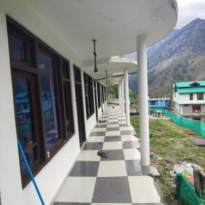a cat sitting on a checkered floor outside a building at Bunkar house in Tosh