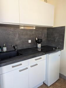 a kitchen with white cabinets and a sink at Studio Issoire pour 2 adultes et 1 enfant in Issoire +5 photos