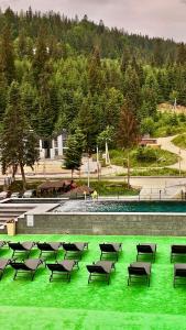 a group of chairs sitting on a green lawn at Villa Nikoletta SPA in Bukovel