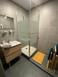 a bathroom with a glass shower and a sink at Appartement Plein Soleil in Les Rousses