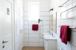 a white bathroom with a sink and a mirror at Coffee Home Hostel in Lviv +70 photos