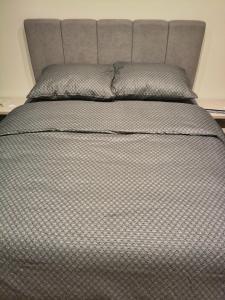 a bed with a gray bedspread and a headboard at Apartament Matki Polki II in Łódź