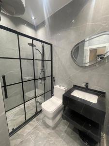 a bathroom with a toilet and a sink and a mirror at Bader home in Cairo