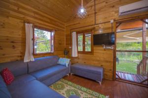 a living room with a couch and a flat screen tv at Kozalak Bungalows in Çaykenarı
